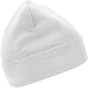 A white knitted beanie made with Thinsulate™ material, featuring a branding logo.