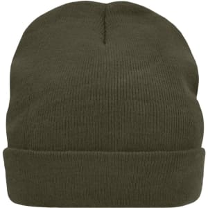 A knitted beanie in an olive green shade, featuring a snug fit and a ribbed texture. It has a brand logo.