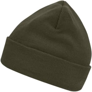 A knitted beanie in olive green with a fold-up cuff and a seamless top, featuring a small logo.