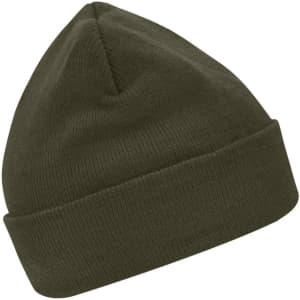 A green knitted beanie featuring Thinsulate™ insulation, with a folded cuff and a rounded top.
