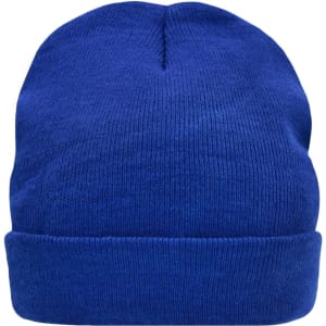 A blue knitted beanie with a rolled cuff and a textured finish, featuring a logo on the side.