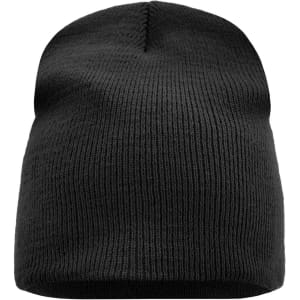 A black knitted beanie with a ribbed texture, featuring a logo on one side.
