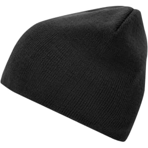 A black beanie with a soft texture, featuring a simple design and no visible logos.