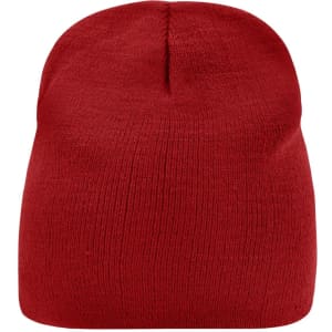 A red beanie with a simple, stretchy knit design and a rounded top. Features a logo on the side.