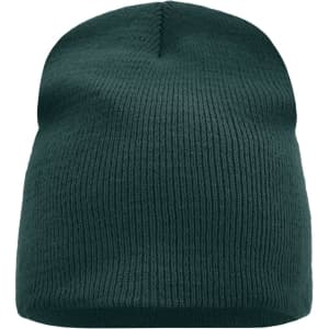A beanie in a deep green colour with a ribbed texture and a rounded top. It has a logo on it.