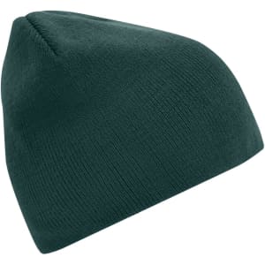 A green beanie with a simple knitted design and a rounded top. It features a logo on the side.