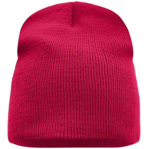 A red beanie with a ribbed texture and a top seam, featuring a logo.