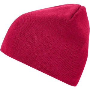A red beanie with a snug fit and a minimalist design, featuring a branded logo.