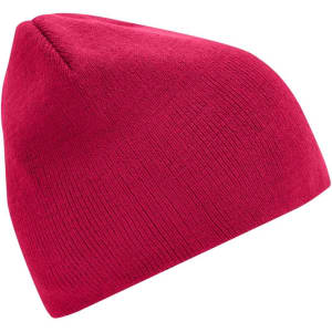 A red beanie with a snug fit, featuring a seamless design and a small logo.