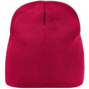 A red beanie with a simple knit design and a rounded top. It has a logo on one side.