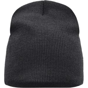 A beanie in dark grey, featuring a ribbed design and a rounded top. It has a logo on one side.