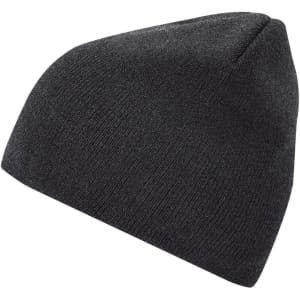 A beanie in dark grey, featuring a fitted design and showcasing a simple, plain texture.