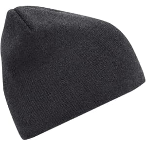 A knitted beanie in dark grey, featuring a simple design. It has a small branding logo on the side.