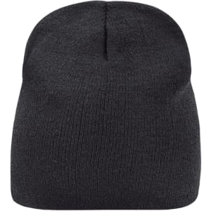 A dark grey beanie with a simple, rounded design. Features a knitted texture and has a logo.
