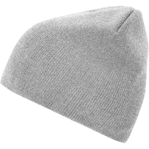 A grey beanie with a snug fit, featuring a simple knitted design and a branded logo.