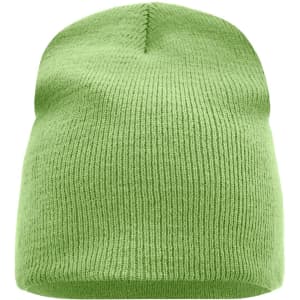 A green knitted beanie with a ribbed texture and a rounded crown. It features a logo on one side.