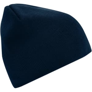 A navy blue beanie displayed on a white background, featuring a simple design and soft material.