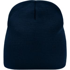 A navy blue beanie with a ribbed texture and a seamless crown, featuring a logo on one side.