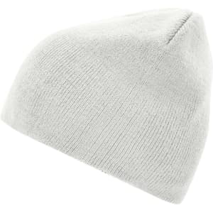 A light grey beanie with a knitted texture, featuring a logo on the side.