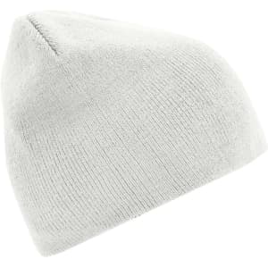 A beanie in a light grey colour with a simple, knitted texture and a small logo on one side.