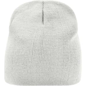 A light grey beanie with a simple knitted texture, featuring a top seam and no visible branding.