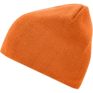 An orange beanie with a snug fit and a seamless crown, featuring a branding logo.