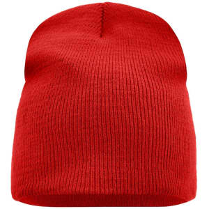A red beanie with a ribbed texture and a rounded top. It features a logo.