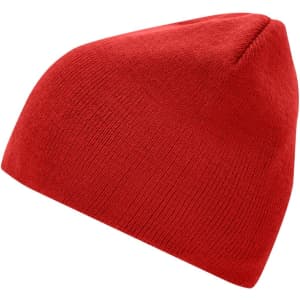 A red beanie with a snug fit, featuring a simple design and a logo.