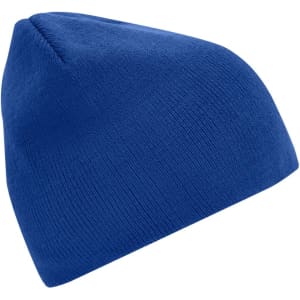 A blue beanie with a simple design and a smooth texture, featuring a logo.
