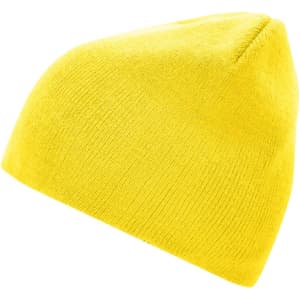 A yellow beanie with a fitted design, featuring a simple knitted texture and no embellishments.