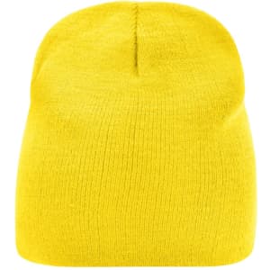 A yellow beanie with a soft, knit texture and a rounded top, featuring a logo on the exterior.