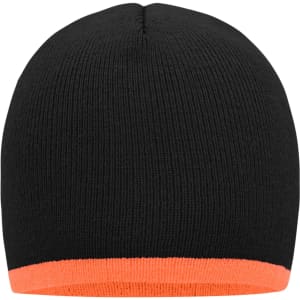 A beanie in black with a vibrant orange contrast edge, featuring a knitted design and a rounded top.
