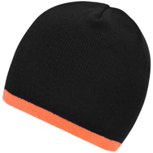 A black beanie with a contrasting orange edge, featuring a ribbed texture and a brand logo.
