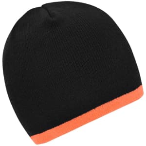 A black beanie with a contrast orange edge and a branding logo.