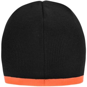A black beanie with a contrast orange edge, featuring a ribbed texture and no visible logos.