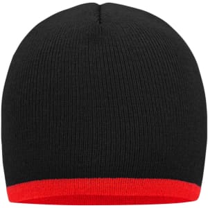 A black beanie with a red contrast edge. The beanie has a ribbed texture and features a logo.