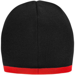 A black beanie with a contrasting red edge, featuring a plain design and no visible logos.