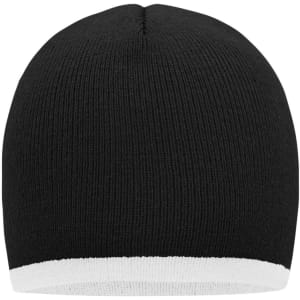 A black beanie with a white contrast edge, displayed against a plain background. Features a logo.