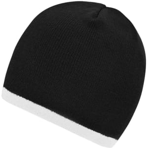A black beanie with a white contrast edge and a snug fit. Includes a small logo on the side.