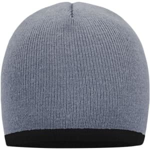 A beanie featuring a grey body and a black contrast edge, with a ribbed texture. It has a logo on the side.