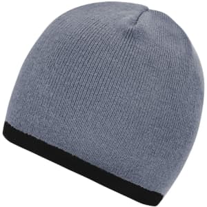 A grey beanie with a contrasting black edge. The beanie has a simple, fitted design.