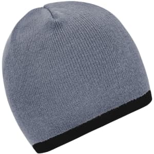 A beanie in grey with a black contrast edge, featuring a knitted texture and a rounded crown. Includes a logo.