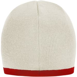 A beanie with a cream body and a contrasting red edge, featuring a logo on the side.