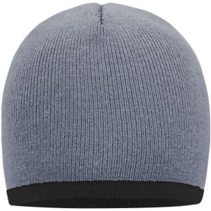 A beanie featuring a grey body and a black contrasting edge, with a simple woven texture and no visible logos.