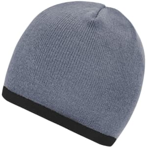 A beanie with a grey body and black contrast edge, featuring a simple, knitted design. It has a logo.