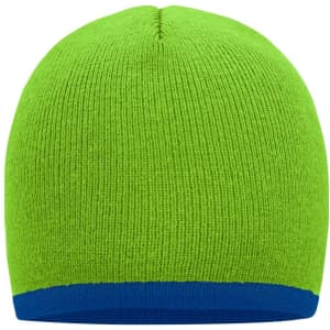 A beanie in bright green with a contrasting blue edge, featuring a logo on the side.