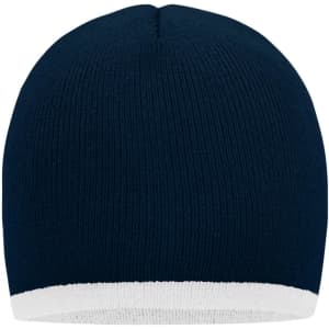 A beanie in navy blue with a white contrast edge, featuring a knitted texture and a rounded top.
