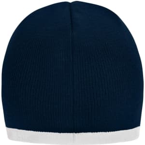 A navy beanie with a white contrast edge, featuring a logo on the side.