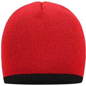 A red beanie with a black contrast edge, featuring a textured knit design and a rounded top.