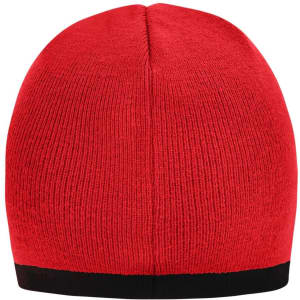 A red beanie with a black contrast edge, featuring a simple design and no visible branding.